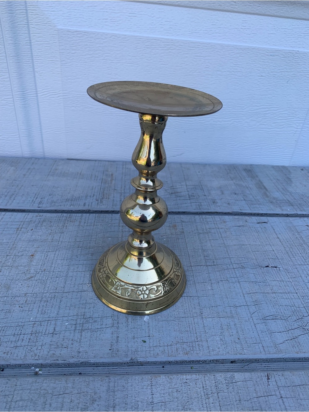 Vintage Brass Pillar Candle Holder Etched Floral Design 7 Inch Decor